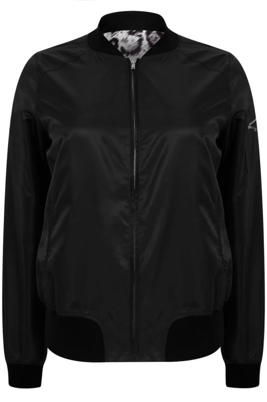 Black & Grey Animal Print Reversible Bomber Jacket, Plus Size 16 to 32