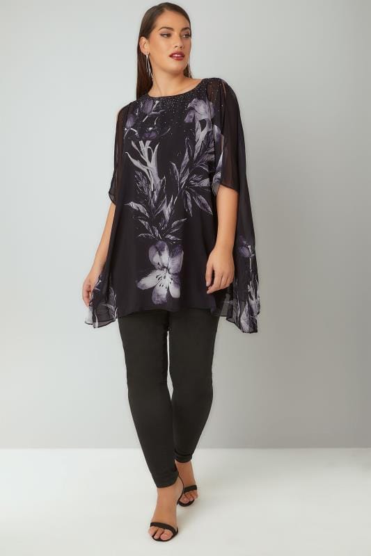 Black & Grey Floral Print Cape Style Top With Split ...