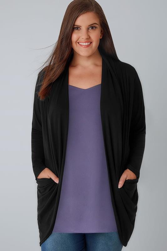 Black Jersey Cardigan With Drape Pockets, Plus size 16 to 36