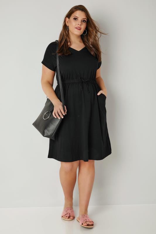 Black Jersey TShirt Dress With Drawstring Waist, plus