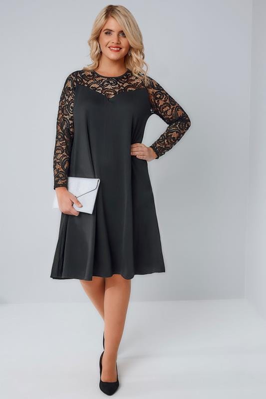Black Lace & Crepe Mix Swing Dress With Sweetheart Neckline Plus Size ...