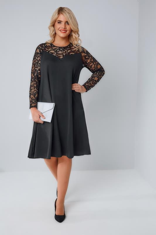 Black Lace & Crepe Mix Swing Dress With Sweetheart