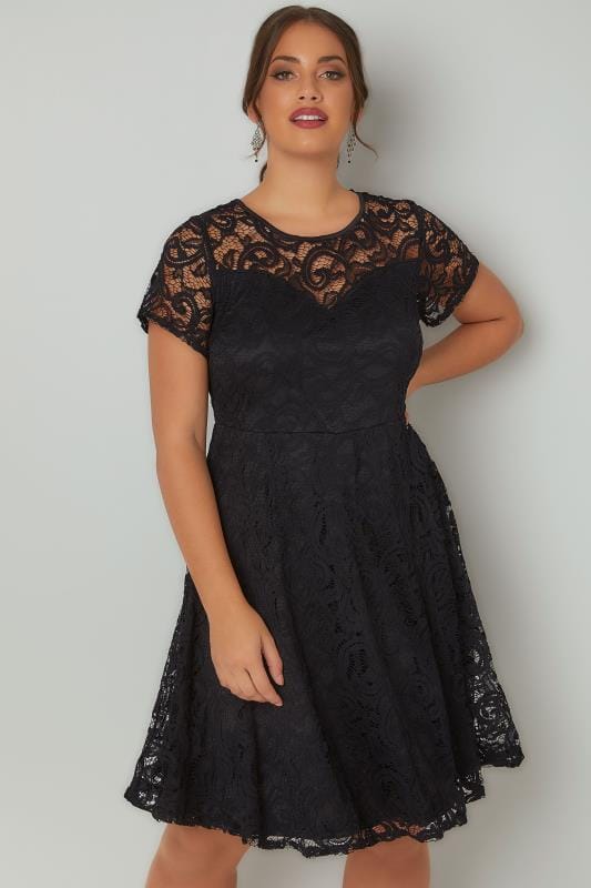 Black Lace Skater Dress With Sweetheart Bust, Plus size 16 to 36