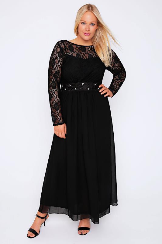 Black Lace Maxi Dress With Embellished Waist Plus Size 16 to 32