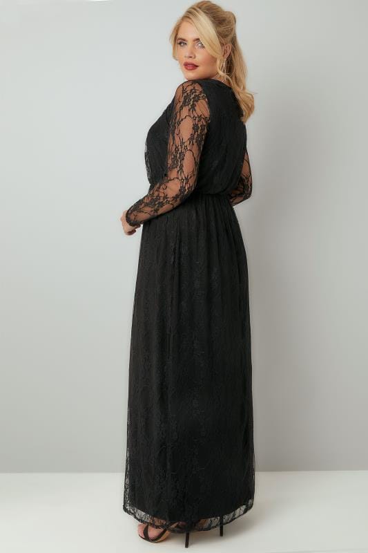 Black Lace Long Sleeve Maxi Dress With Elasticated Waist, Plus size 16 ...