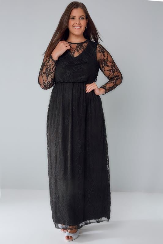 Black Lace Overlay Maxi Dress With Elasticated Waist, Plus size 16 to 32