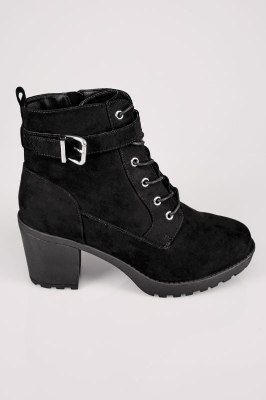 Black Lace Up Heeled Platform Ankle Boot With Buckle -3771