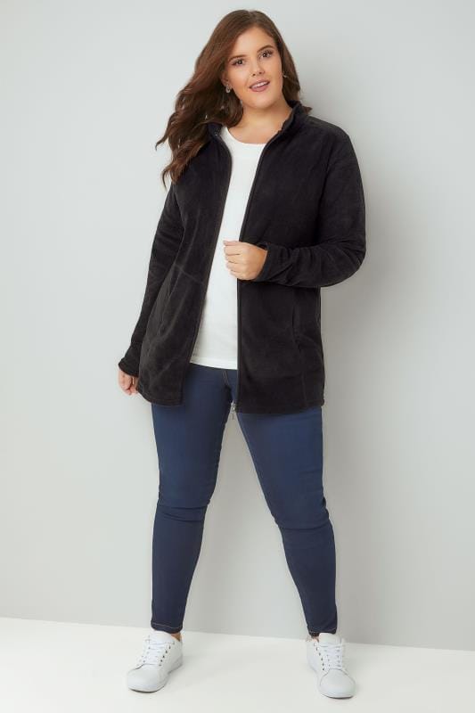 Black Lightweight Zip Through Fleece Plus Size 16 To 36