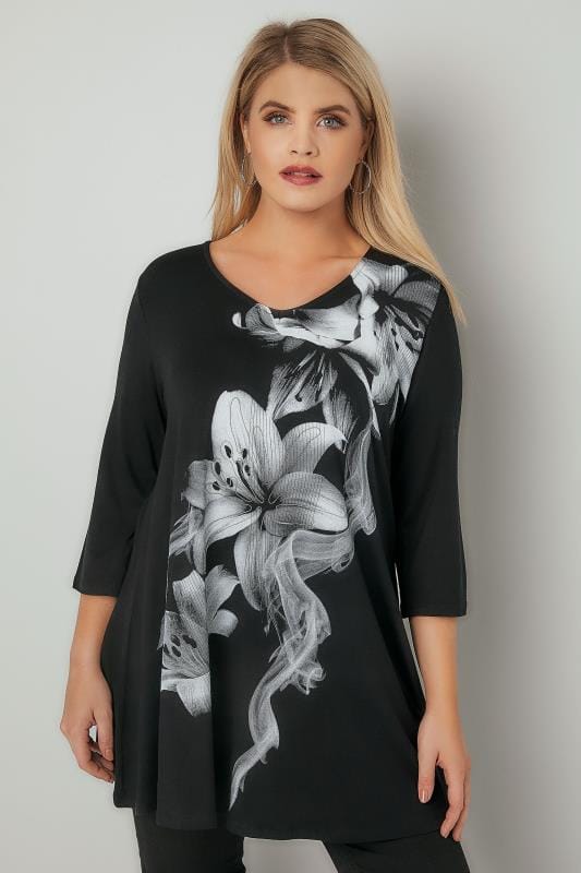 Black Lily Print Bead Embellished Longline Swing Top, Plus size 16 to 36