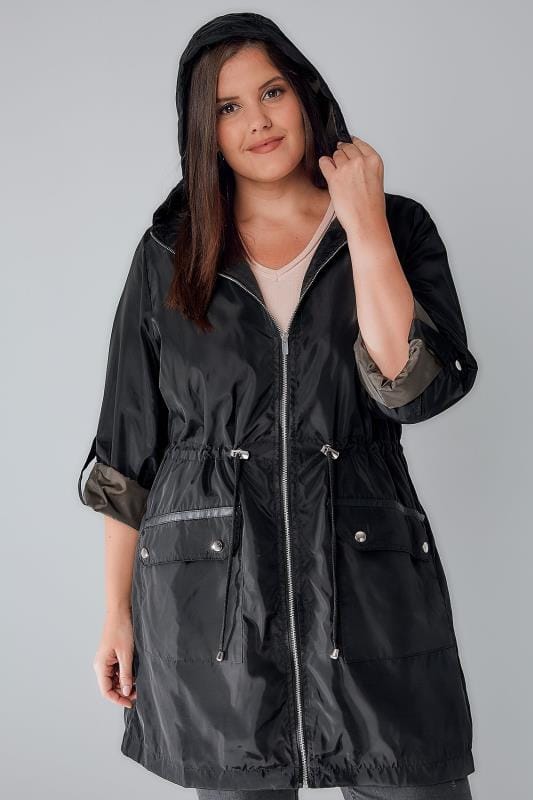 Black Lined Parka With Hood, Plus size 16 to 36