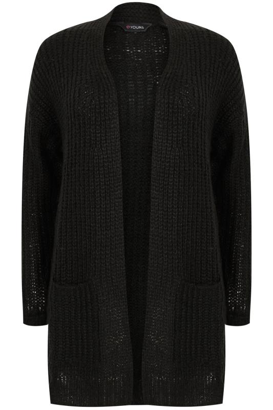 Black Longline Chunky Knit Cardigan With Pockets, Plus Size 16 to 32