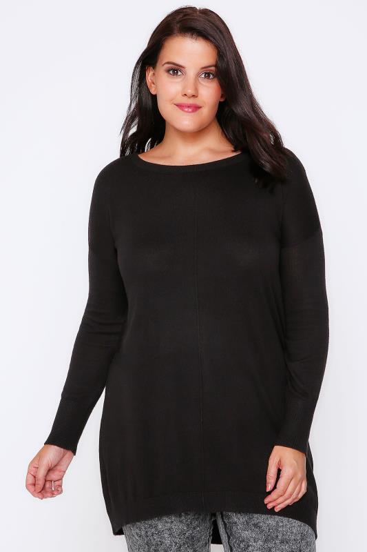 Black Longline Knitted Jumper With Seam Front Detail Plus Size 16 to 32