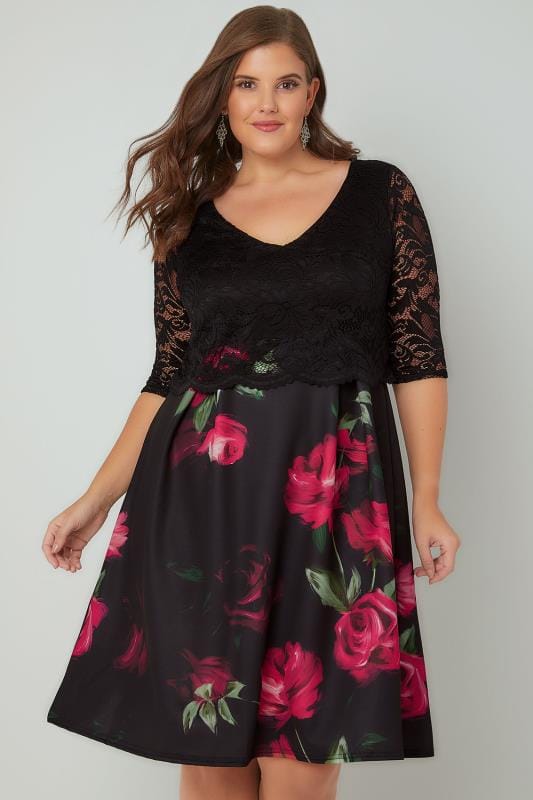 Black & Magenta Rose Print Lace Overlay Midi Dress plus size 16 to 32
