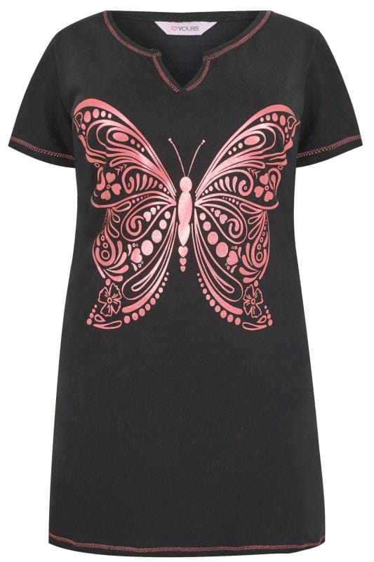 Black & Metallic Pink Butterfly Print Nightdress, plus