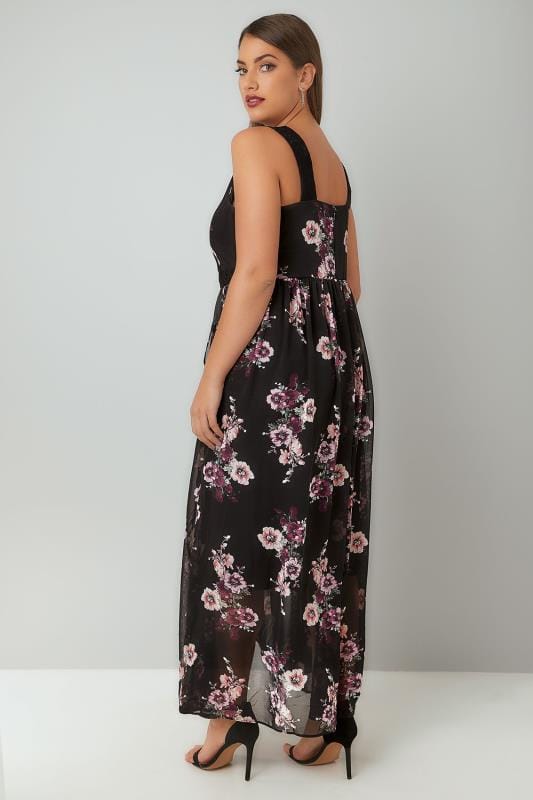 Black & Multi Floral Print Chiffon Maxi Dress With Wrap Front & Lace ...