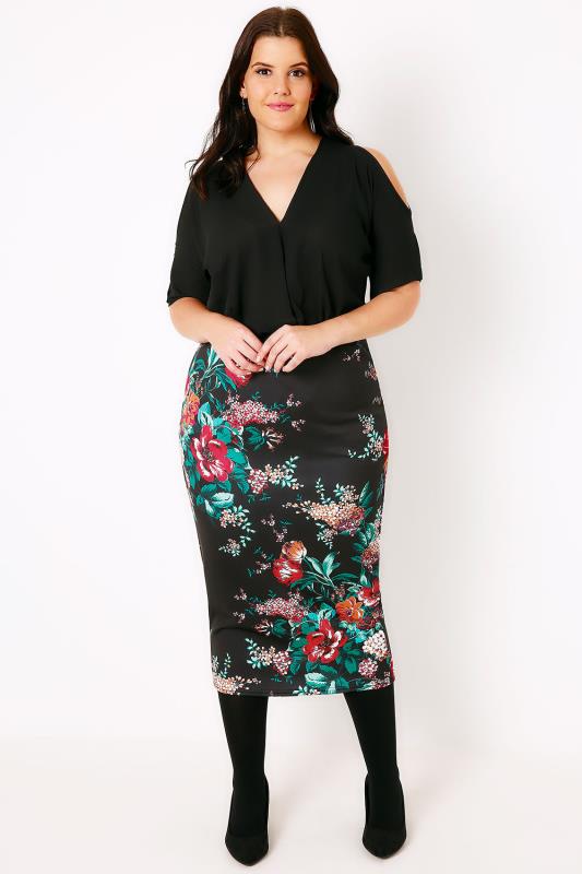 Black & Multi Floral Print Oriental Scuba Pencil Skirt, Plus size ...