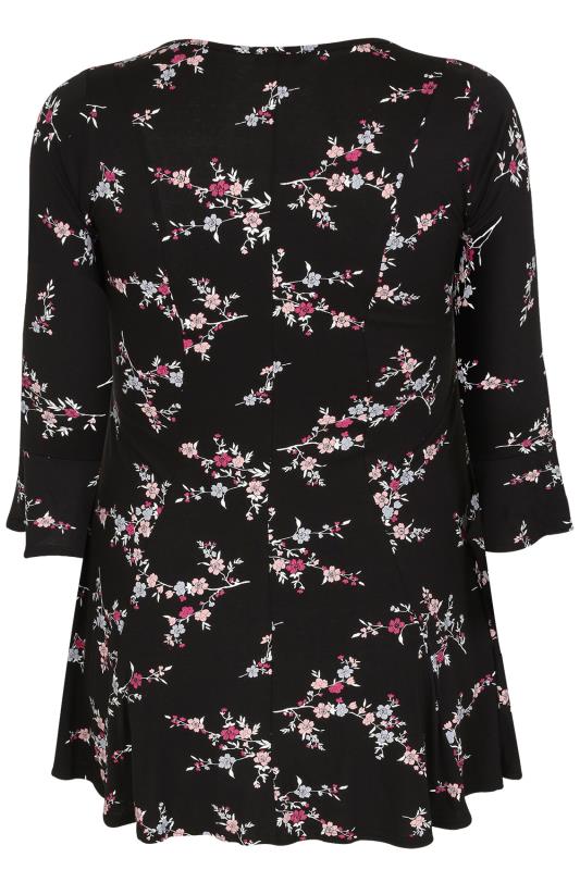 Black & Multi Floral Print Peplum Top With Frill Cuffs, Plus size 16 to 36
