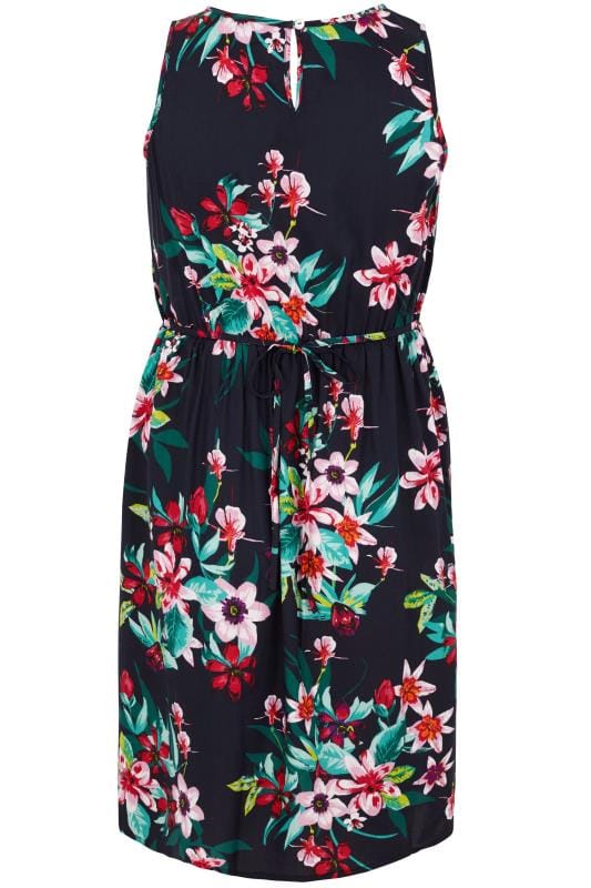 Navy & Multi Floral Print Pocket Dress With Elasticated Waistband, Plus ...