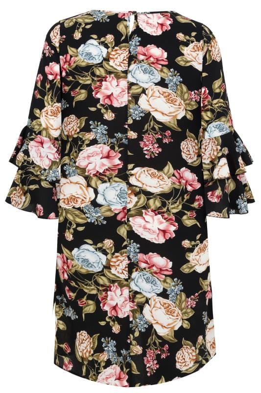 Black & Multi Floral Print Shift Dress With Layered Flute Sleeves, Plus ...