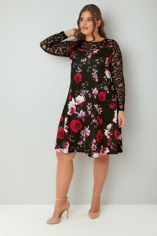 Black & Multi Floral Swing Dress With Lace Yoke & Sleeves, Plus size 16 ...