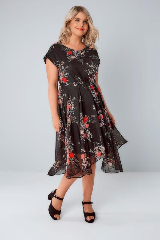 Black And Multi Vintage Floral Print Chiffon Dress With Hanky Hem Plus 