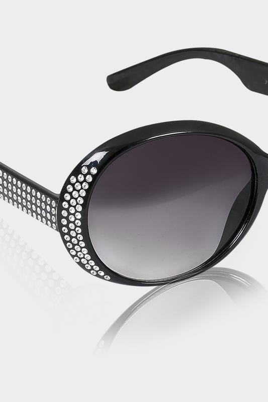 Black Oval Diamante Embellished Sunglasses With Uv 400 Protection