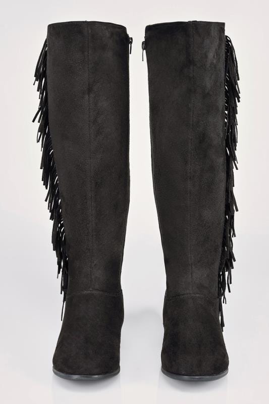 Black Over The Knee Suedette Boots With Fringing Detail In EEE Fit ...