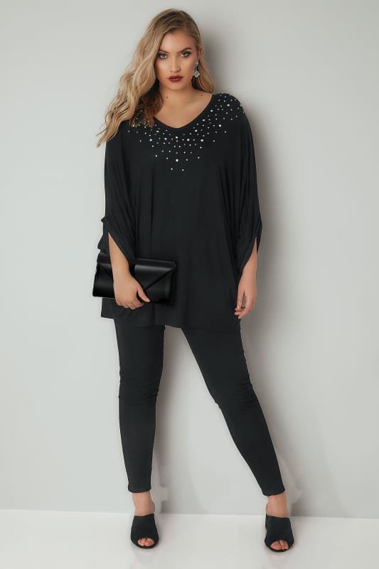 Black Oversized Top With Faux Pearl Studs, plus size 16 to 36