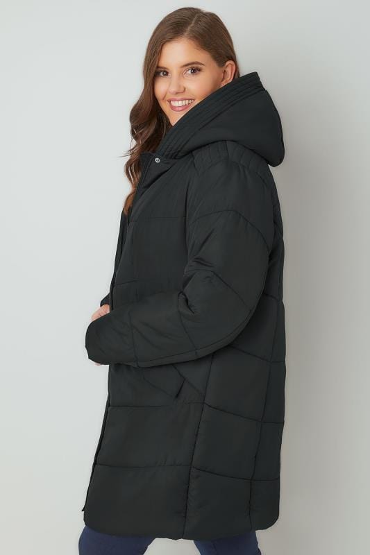 Black Padded Puffer Jacket With Hood, Plus size 16 to 36