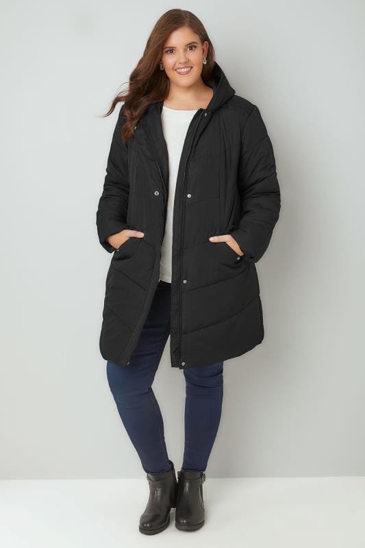Black Padded Puffer Jacket With Hood, Plus size 16 to 36