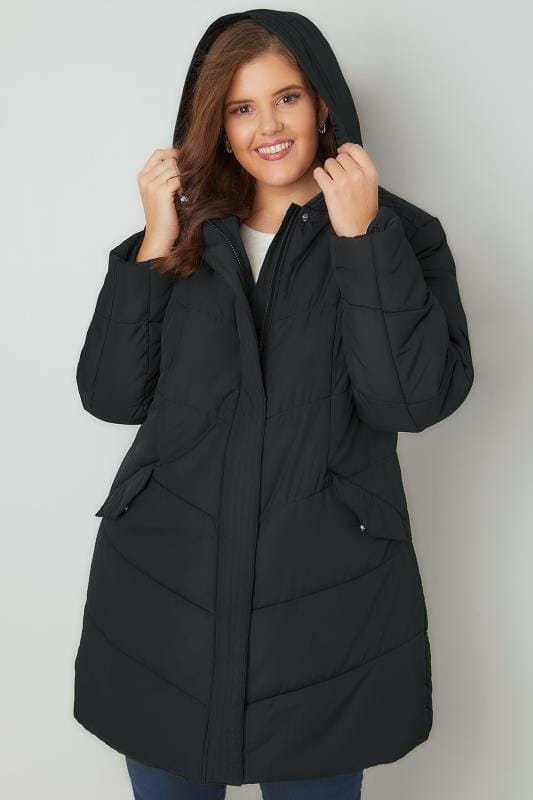 Black Padded Puffer Jacket With Hood, Plus size 16 to 36