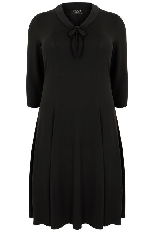 Black Panelled Midi Dress With Pussy Bow Neck Tie, Plus size 16 to 32