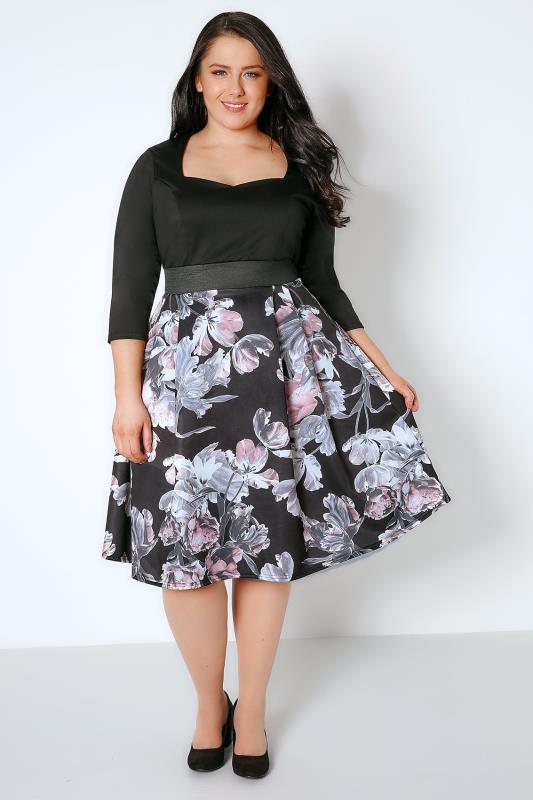 Black & Pink Floral 2 In 1 Midi Dress With 3/4 Sleeves plus size 16 to 36