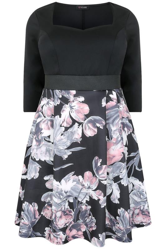 Black & Pink Floral 2 In 1 Midi Dress With 3/4 Sleeves plus size 16 to 36