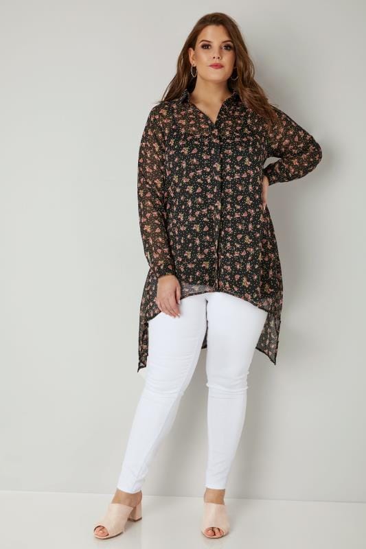 Black And Pink Floral Dipped Hem Shirt Plus Size 16 To 32