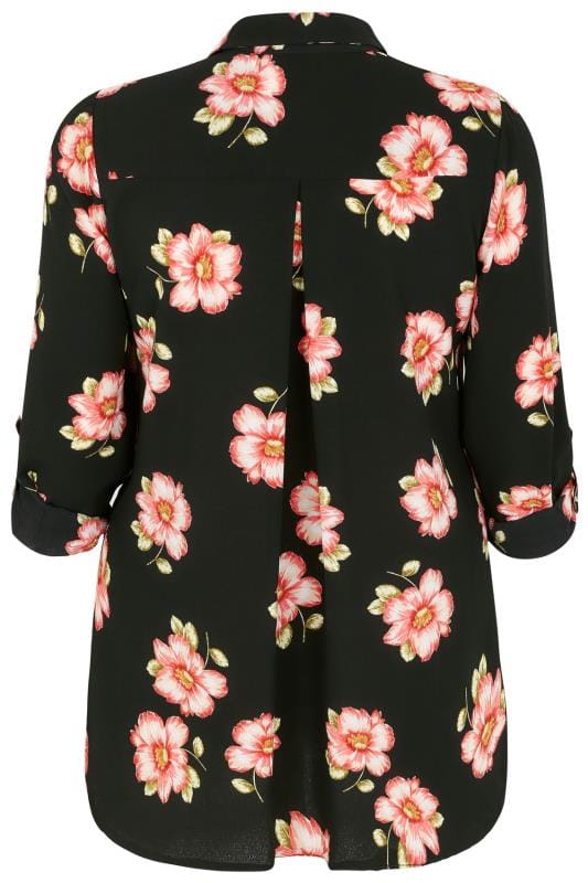 YOURS LONDON Black & Pink Floral Print Crepe Shirt With Chest Pockets ...