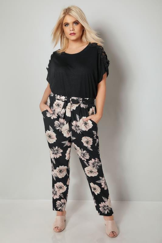 Black And Pink Floral Print Crepe Tapered Trousers With Tie Waist Plus Size 16 To 36