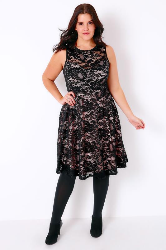Black & Pink Lace Overlay Dress With Cut Out Sweetheart Neckline, 16,18 ...