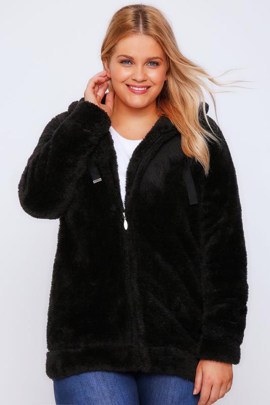 Black Plain Fluffy Hooded Fleece With Zip Plus Size 16 To 36 