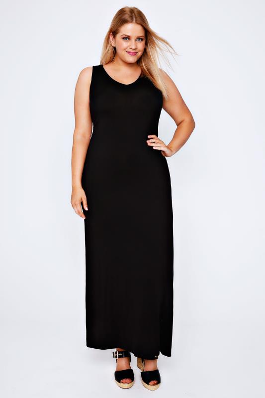 Black Plain V-Neck Sleeveless Jersey Maxi Dress Plus Size 14 to 36