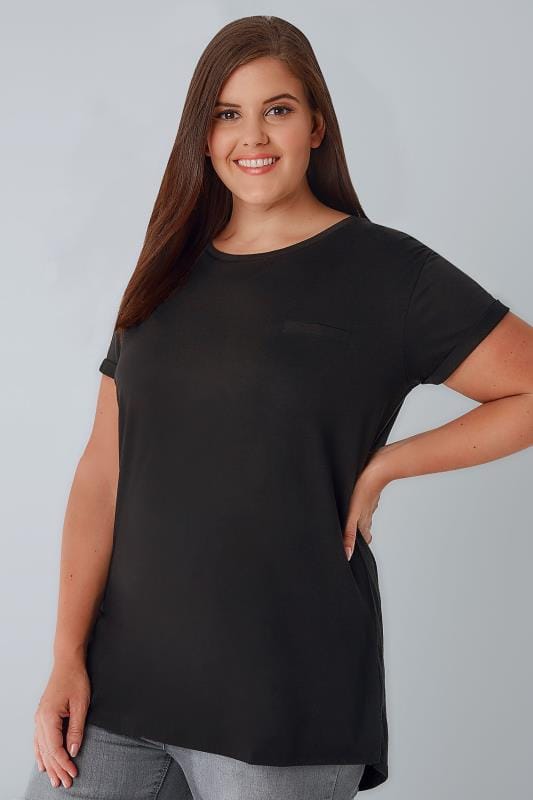 Black Pocket T-Shirt With Curved Hem, Plus size 16 to 36