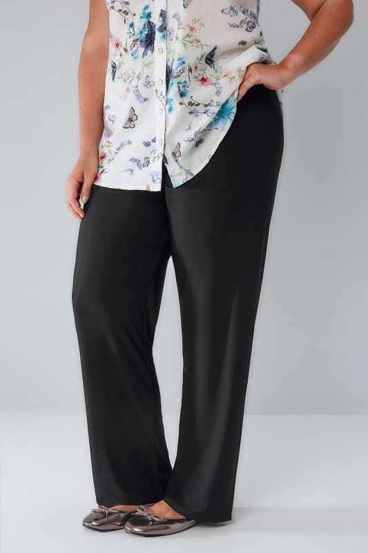 Black Pull On Wide Leg Trousers Plus Size 16 To 32