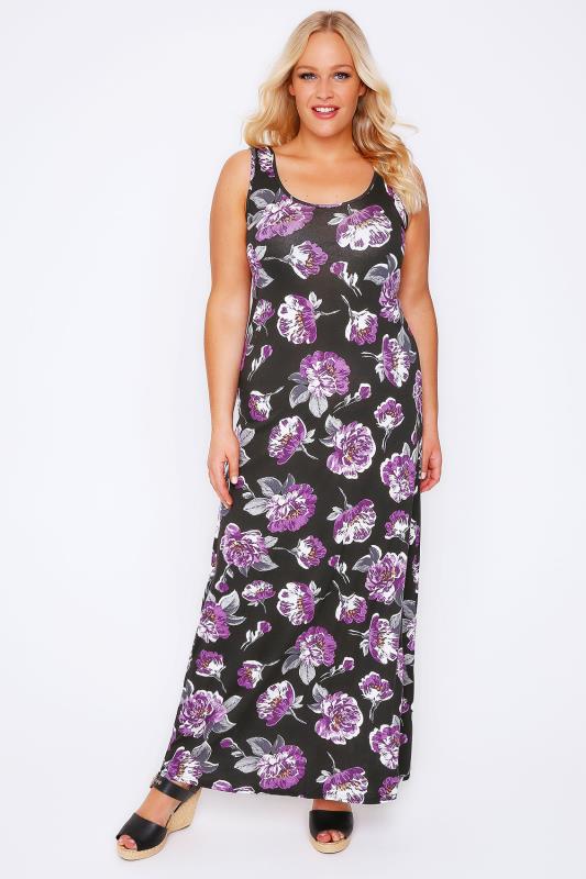 Black & Purple Floral Print Maxi Dress With Black Shrug Plus Size 16 to 32