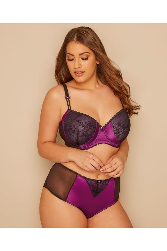 Black And Purple Satin And Lace Underwired Moulded Bra