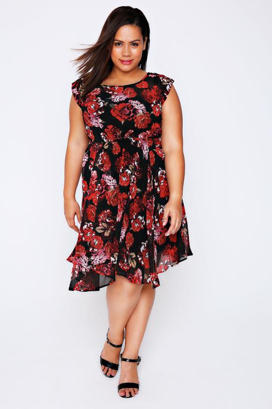 Black And Red Rose Print Chiffon Skater Dress With Hanky Hem Plus Size 14 