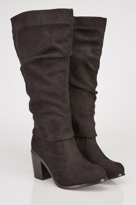 Black Ruched Knee High Suedette Heeled Boots EEE Fit Sizes: 4EEE,5EEE ...