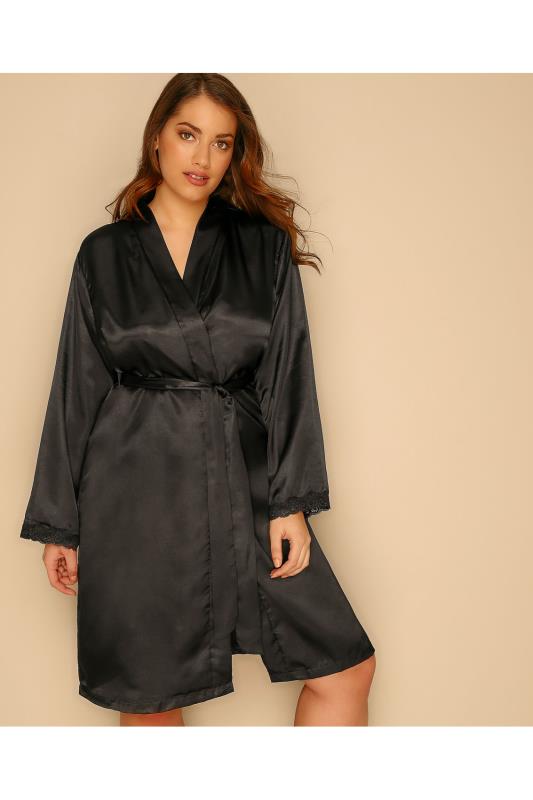 Black Satin Robe With Lace Trim, Plus Size 14 to 32