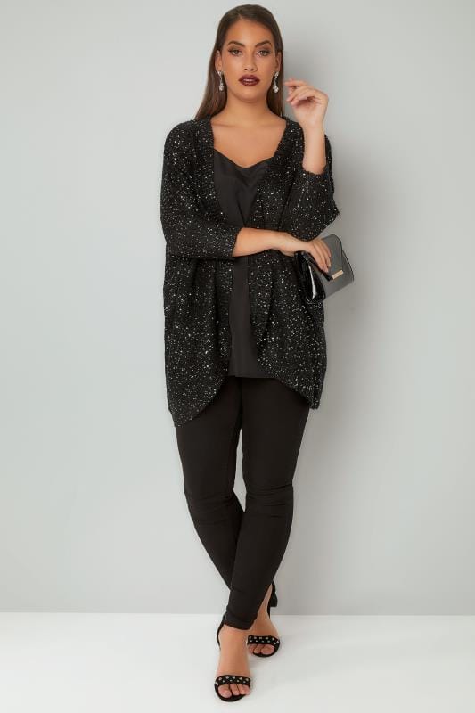 Black Sequin Embellished Knitted Batwing Cardigan, Plus size 16 to 36