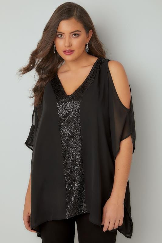 Black Sequin V-Neck Blouse With Cold Shoulders, Plus size 16 to 32