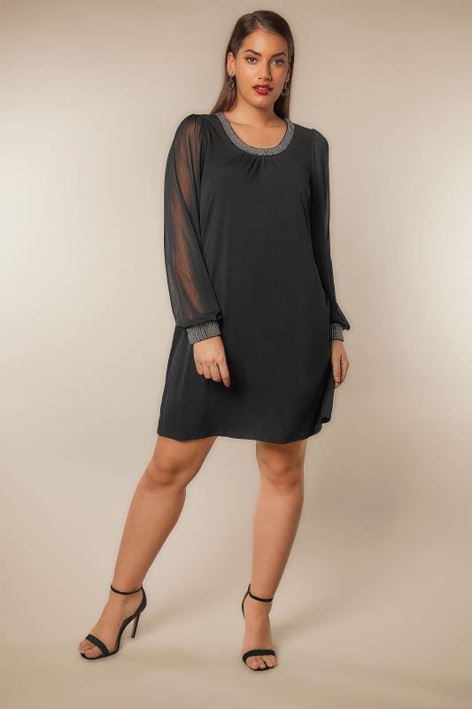 Black Slinky Jersey Dress With Beaded Neckline And Cuffs